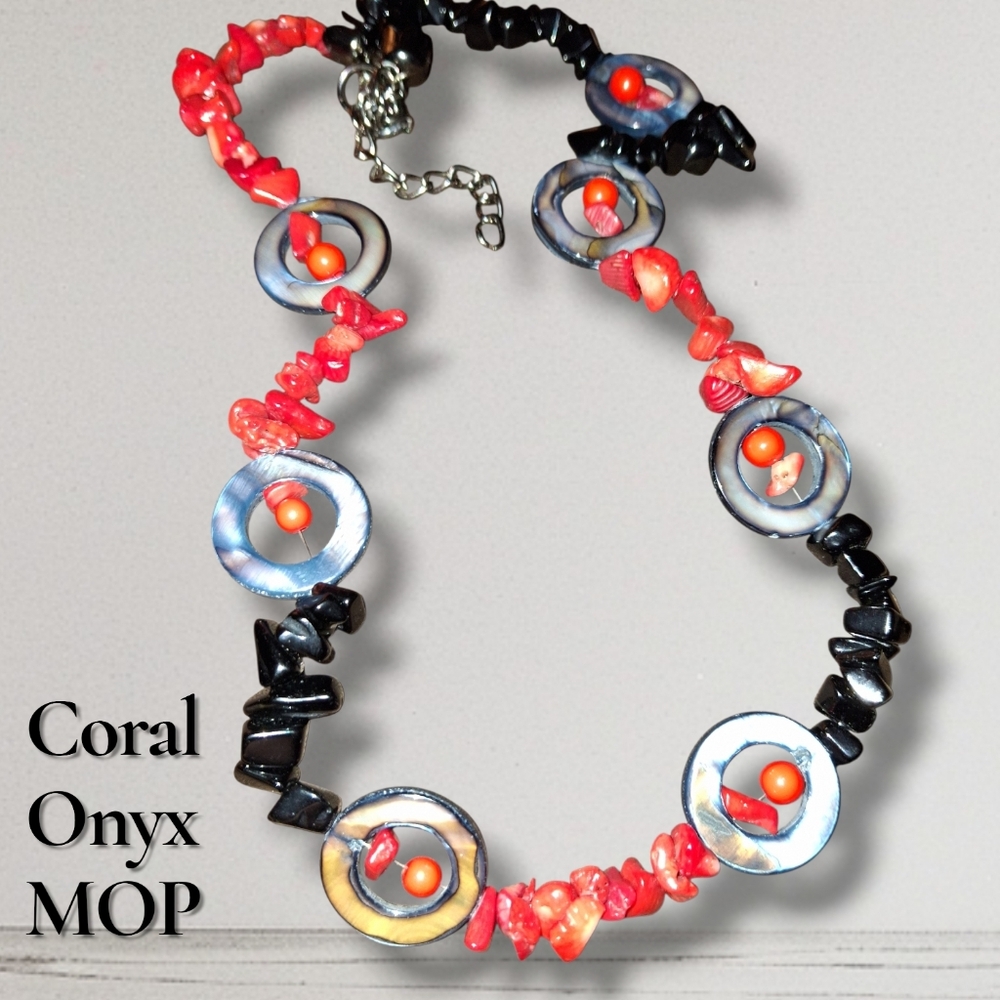 Coral Onyx Mop Abalone Geometric Gemstone Boho Beaded Necklace